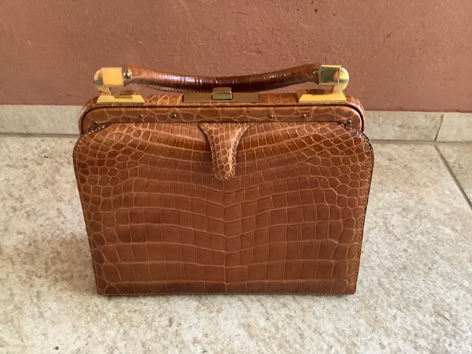 Vintage Krokodillenleren Handtas - Elegant & Tijdloos, Ophalen of Verzenden, Zo goed als nieuw, Bruin, Handtas