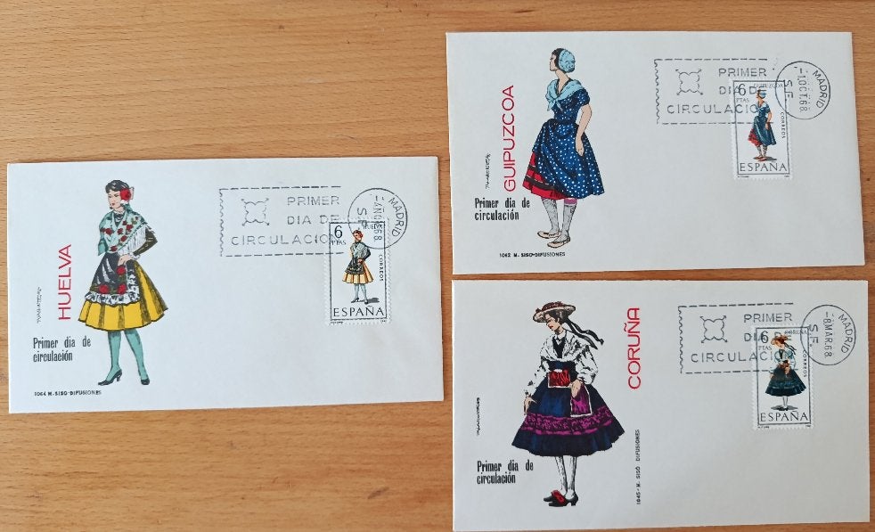 3 x FDC 1968 Spanje, Postzegels en Munten, Verzenden, Gestempeld