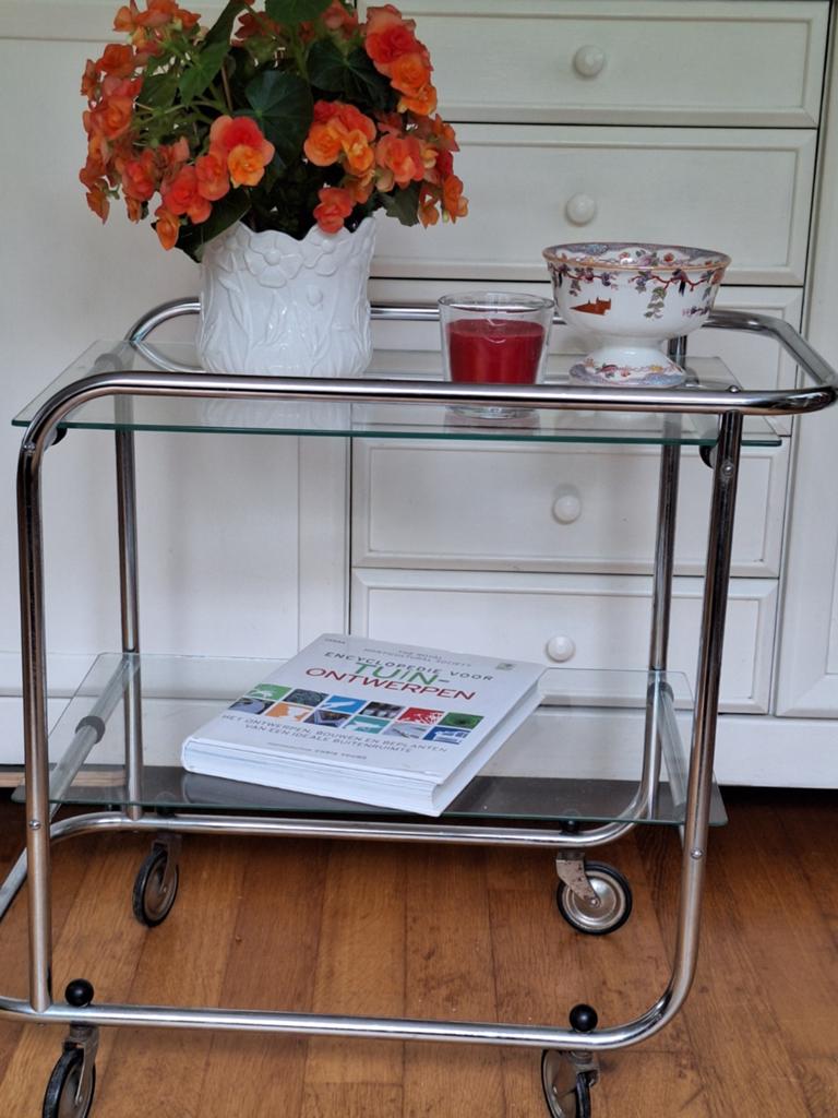 Gispen trolley - Chroom en glas, dertiger jaren, midcentury, Gebruikt, Metaal of Aluminium, Vintage, Mid-century Modern, 60 cm of meer