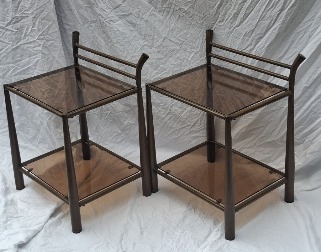 Set Vintage Nachtkastjes / Bijzettafels – Jaren 70 Rookglas, Ophalen, Minder dan 55 cm, Gebruikt, Hollywood Regency, vintage,Faux Bamboo / houtlook ,Space Age