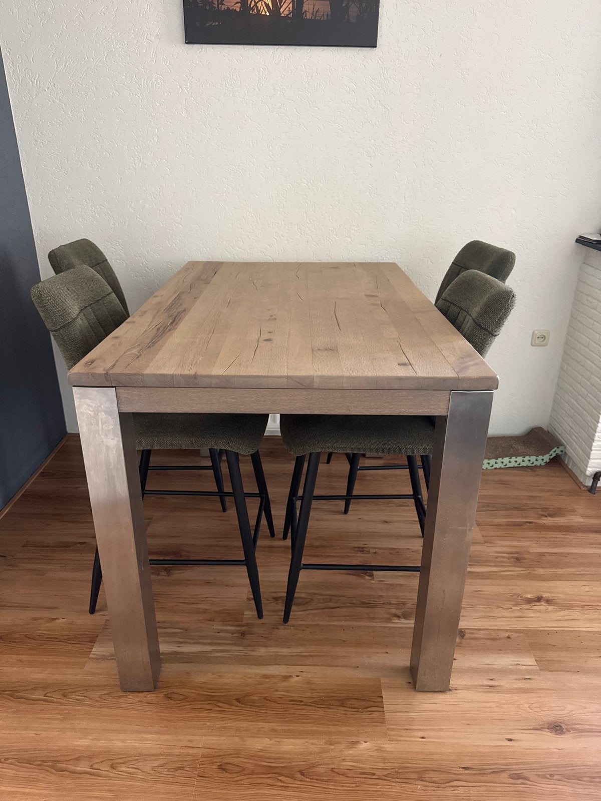 Eikenhouten bartafel met 4 barkrukken, Gebruikt, 100 tot 150 cm, Eikenhout, Vier personen