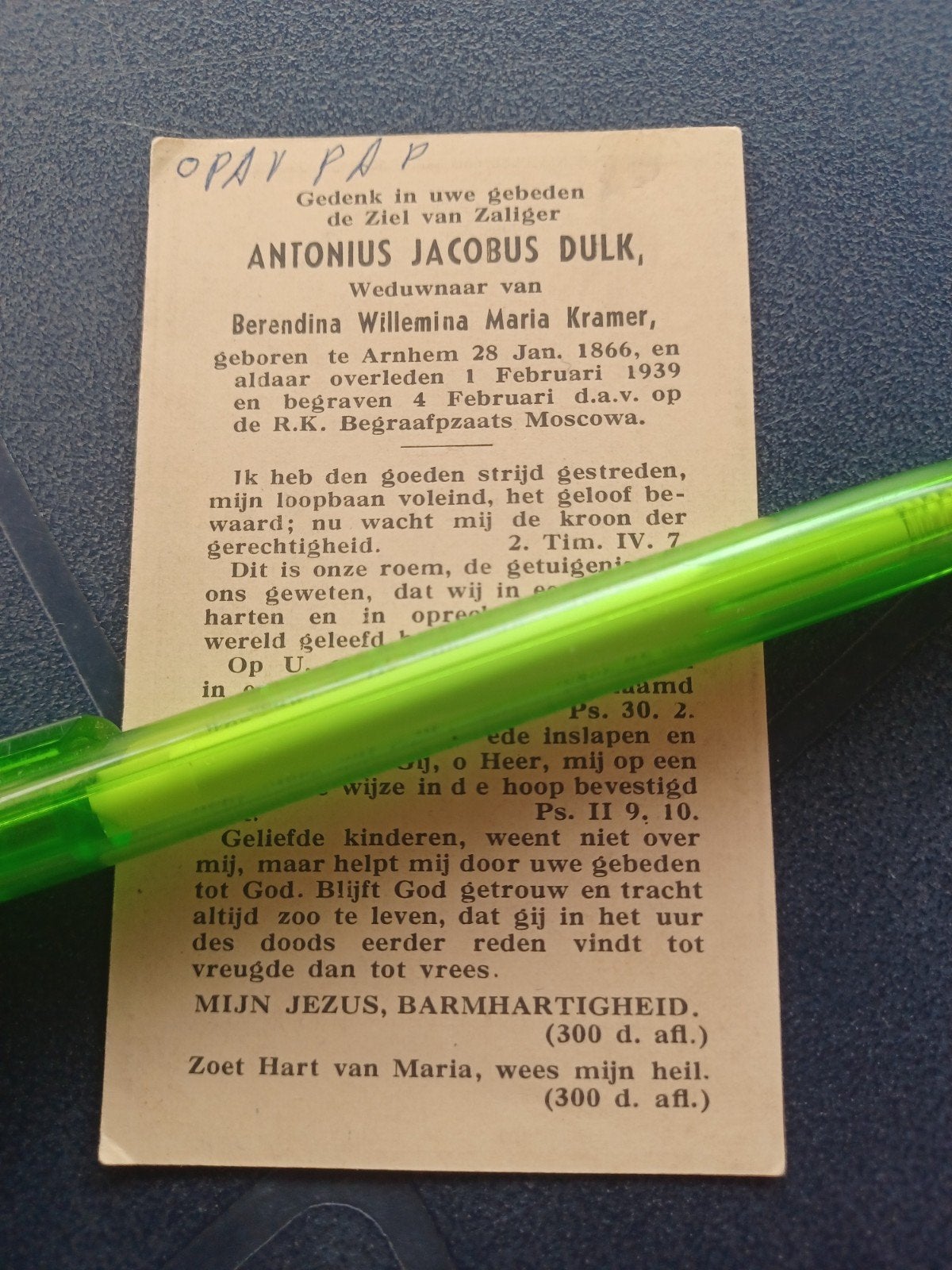 Bidprentje Arnhem Antonius Dulk 1866 1939, Ophalen, Bidprentje