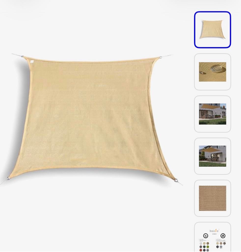 Schaduwdoek 2x2m met bevestigingsmaterialen zandkleur, Ophalen, Zo goed als nieuw