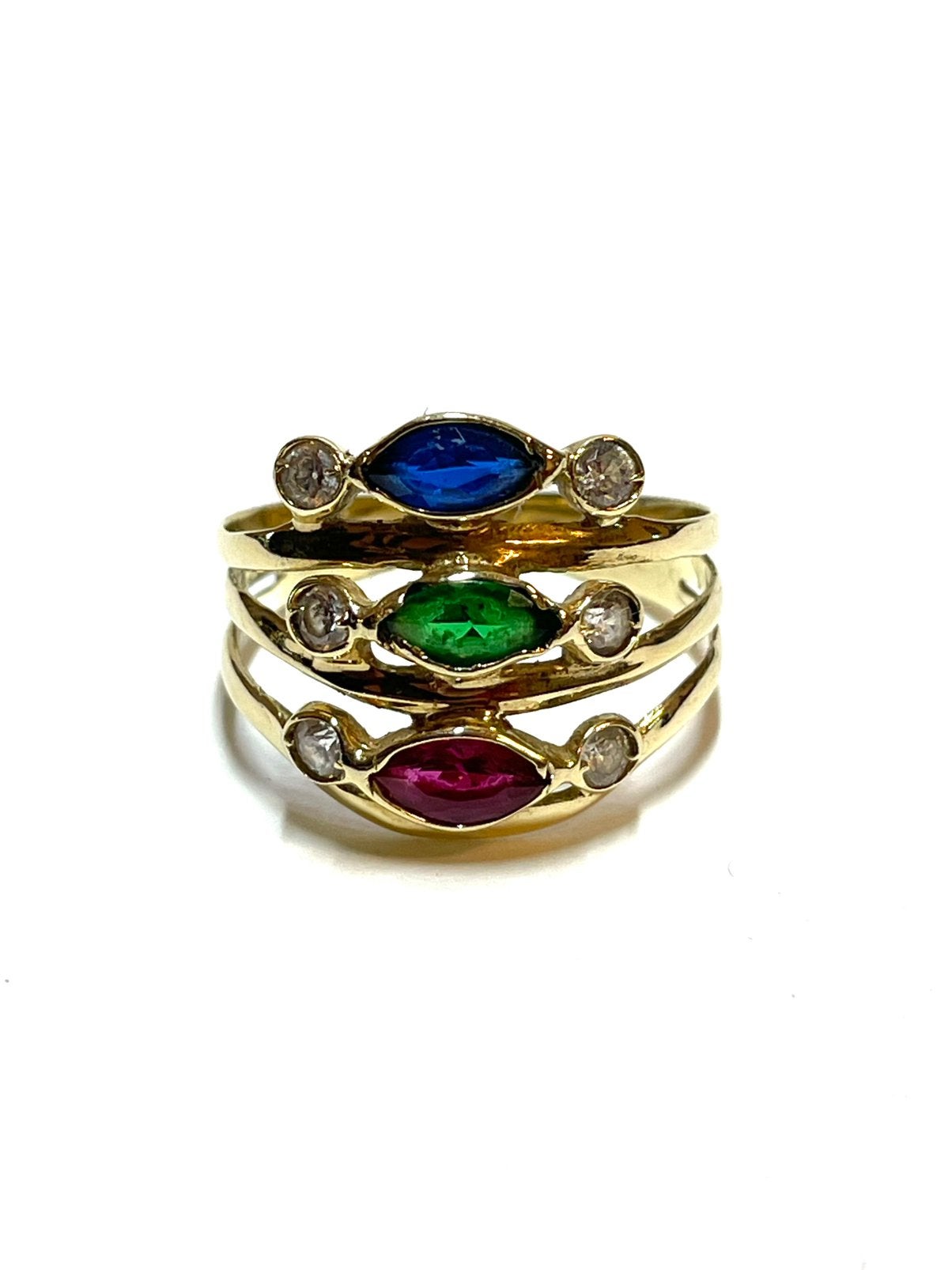 14k gouden ring met saffier, smaragd, robijn en zirkonia, -, -, Ophalen of Verzenden, Zo goed als nieuw