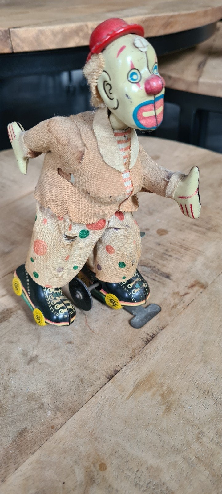 Blikken clown op rolschaatsen (werkend), Antiek en Kunst, Ophalen of Verzenden