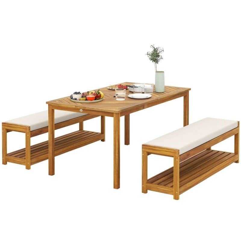 Acaciahouten tuinset Tuintafel met Banken en Kussens, Ophalen of Verzenden, Nieuw, Rechthoekig, Hout