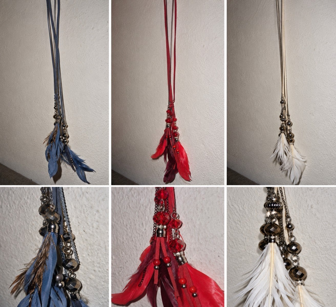 Set van 3 lange kettingen met veren – rood, blauw en wit, Ophalen of Verzenden, Nieuw, Blauw, Overige materialen