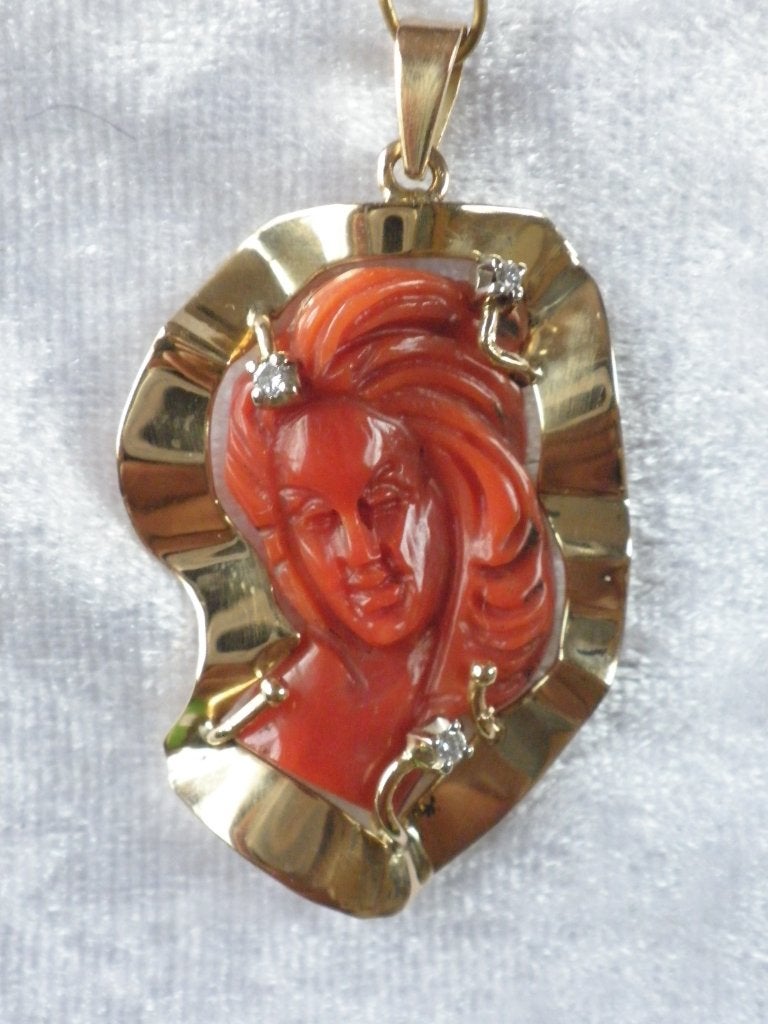 Prachtige 18 Kt Gouden Jugendstill Hanger - Camee Koraal, Verzenden, Goud, Hanger, Met edelsteen