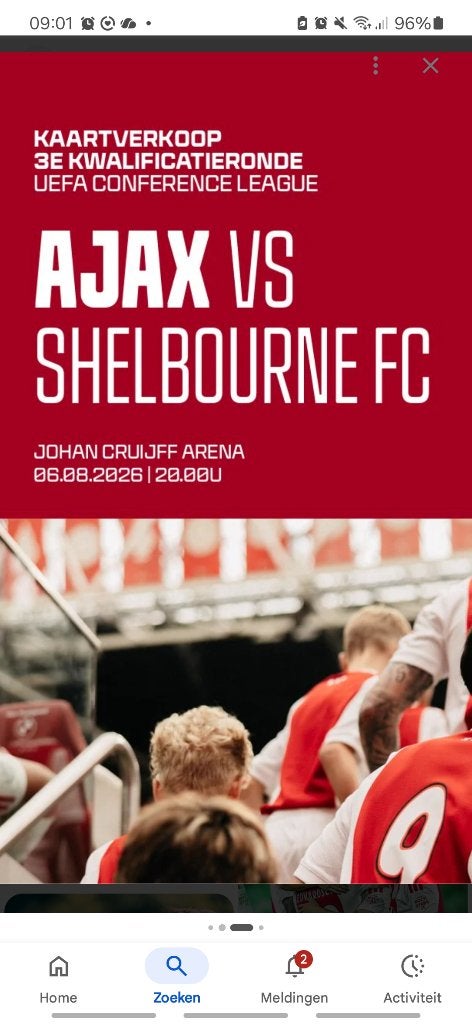 Ajax - Shelbourne 1kaartje vak 408, Tickets en Kaartjes, Losse kaart, Eén persoon, Augustus