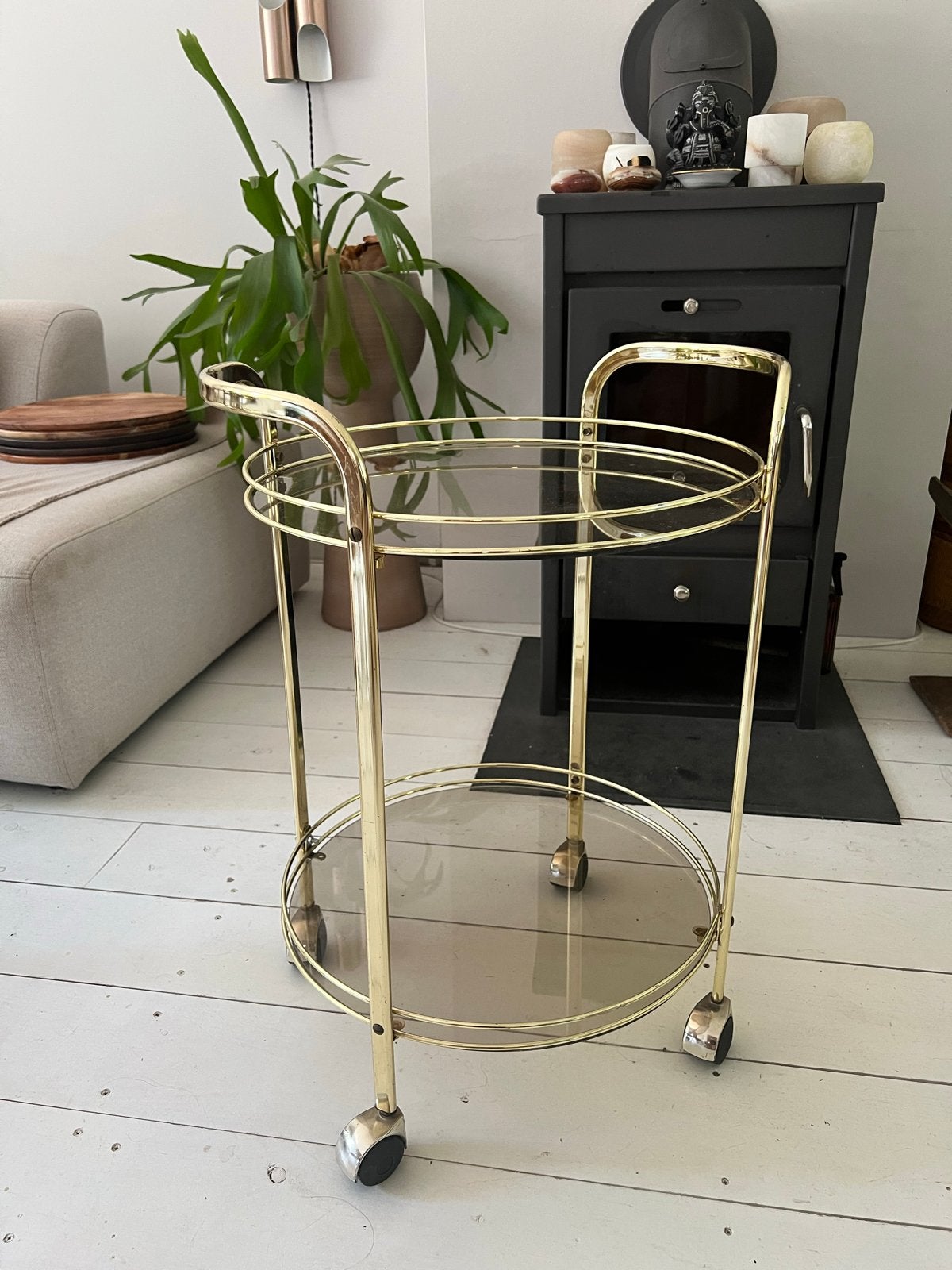 Vintage gouden serveerwagen met glazen platen, Huis en Inrichting, Ophalen