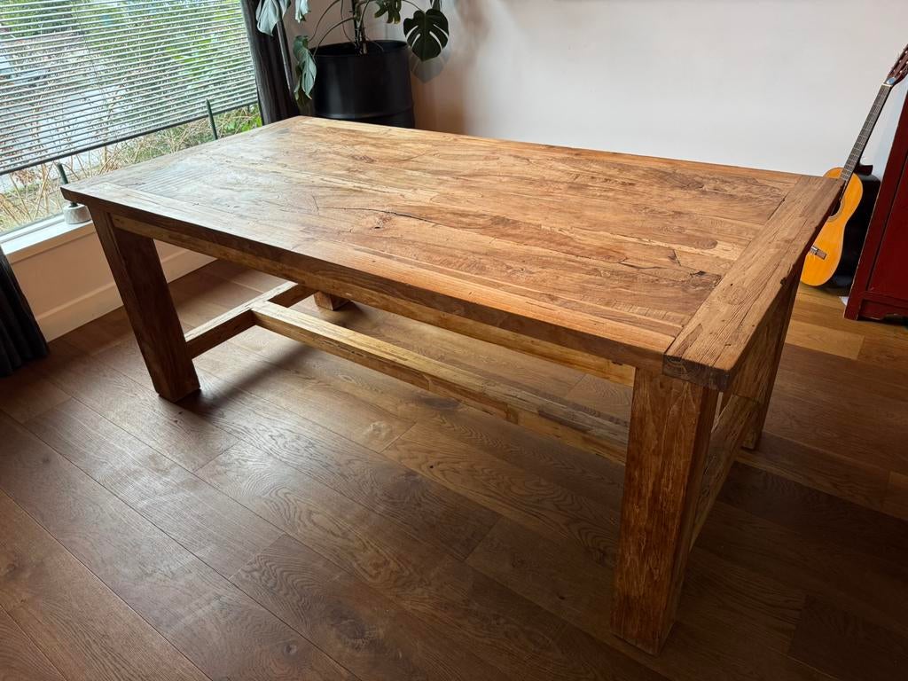 Stijlvolle teak eettafel (6 personen) - inclusief 6 stoelen, Ophalen, Gebruikt, 100 tot 150 cm, Teakhout