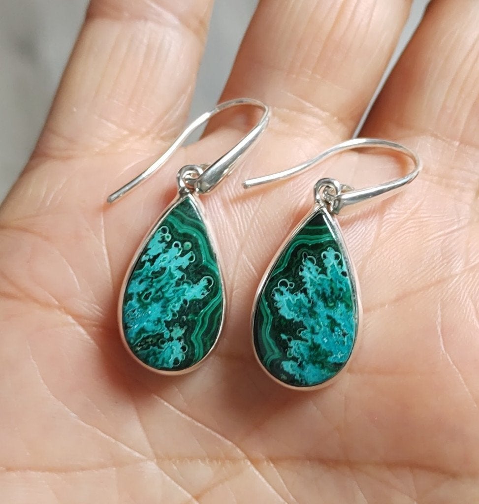 925 zilveren oorbellen met natuurlijke Malachiet Chrysocolla, O.T., Hangers, Nieuw, Ophalen of Verzenden