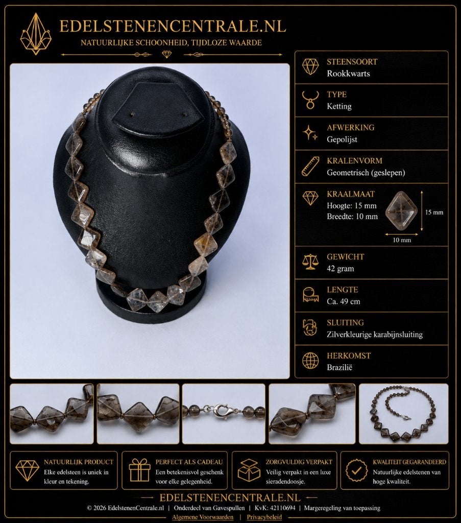 Rookkwarts Ketting met Gepolijste Geometrische Kralen, Verzenden, Nieuw, Bruin, Steen of Mineraal