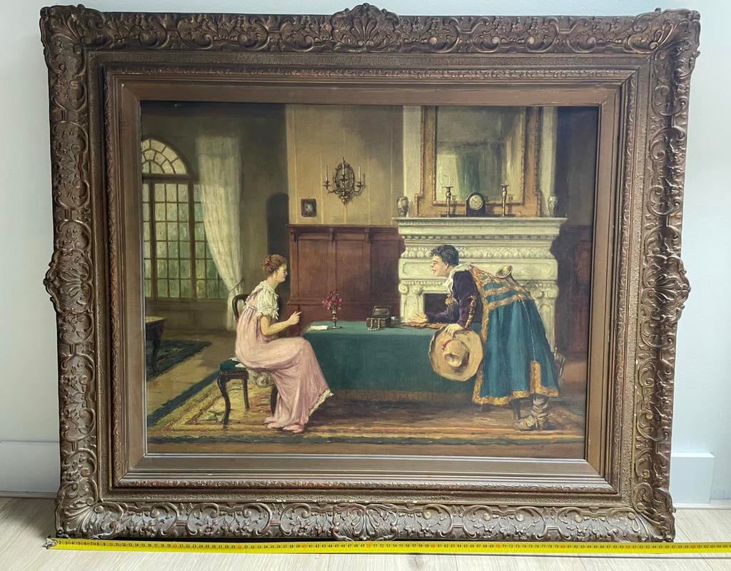 Vintage Klassiek verfschilderij met sierlijke lijst, Antiek en Kunst, Kunst | Schilderijen | Klassiek, Ophalen