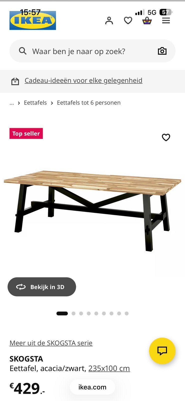 Skogsta 6 persoon eettafel van Ikea met 6 stoelen merk Label, Ophalen, Gebruikt, 200 cm of meer, 50 tot 100 cm