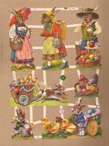 Paashazen met gekleurde eieren poezieplaatjes 7389, Ophalen of Verzenden