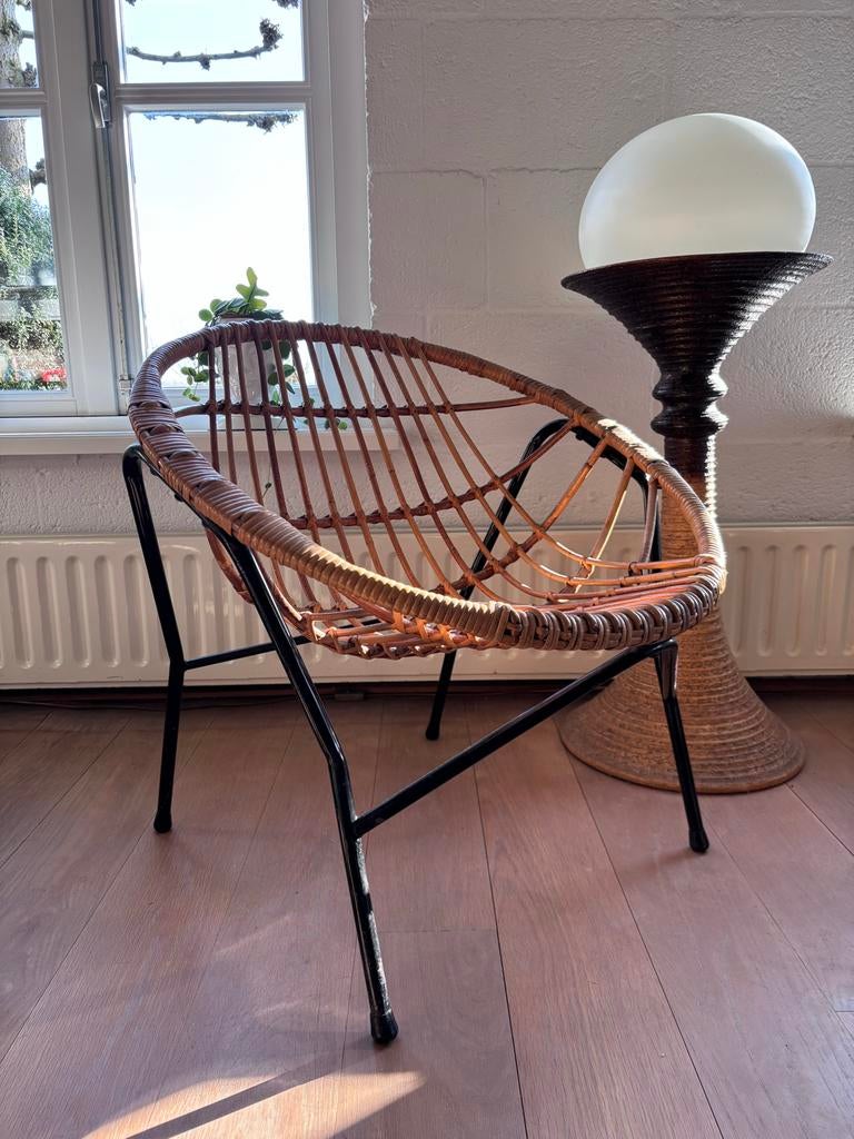 Vintage retro Rohe Noordwolde Trio stoel, rotan en metaal, Huis en Inrichting, Stoelen, Ophalen, Gebruikt, Bruin, Riet of Rotan