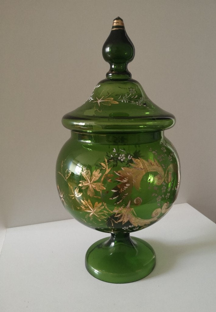 Antieke mooi groene glazen punch bowl / kom met deksel, Ophalen