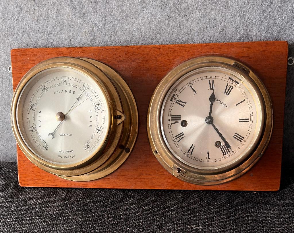 nautische barometer en klok messing, Ophalen, Gebruikt, Barometer