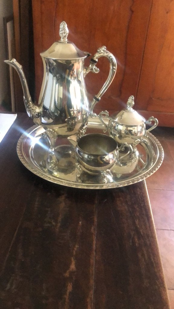 VERZILVERD KOFFIESTEL BESTAANDE UIT DIENBLAD, Ophalen of Verzenden, Gebruikt, Metaal