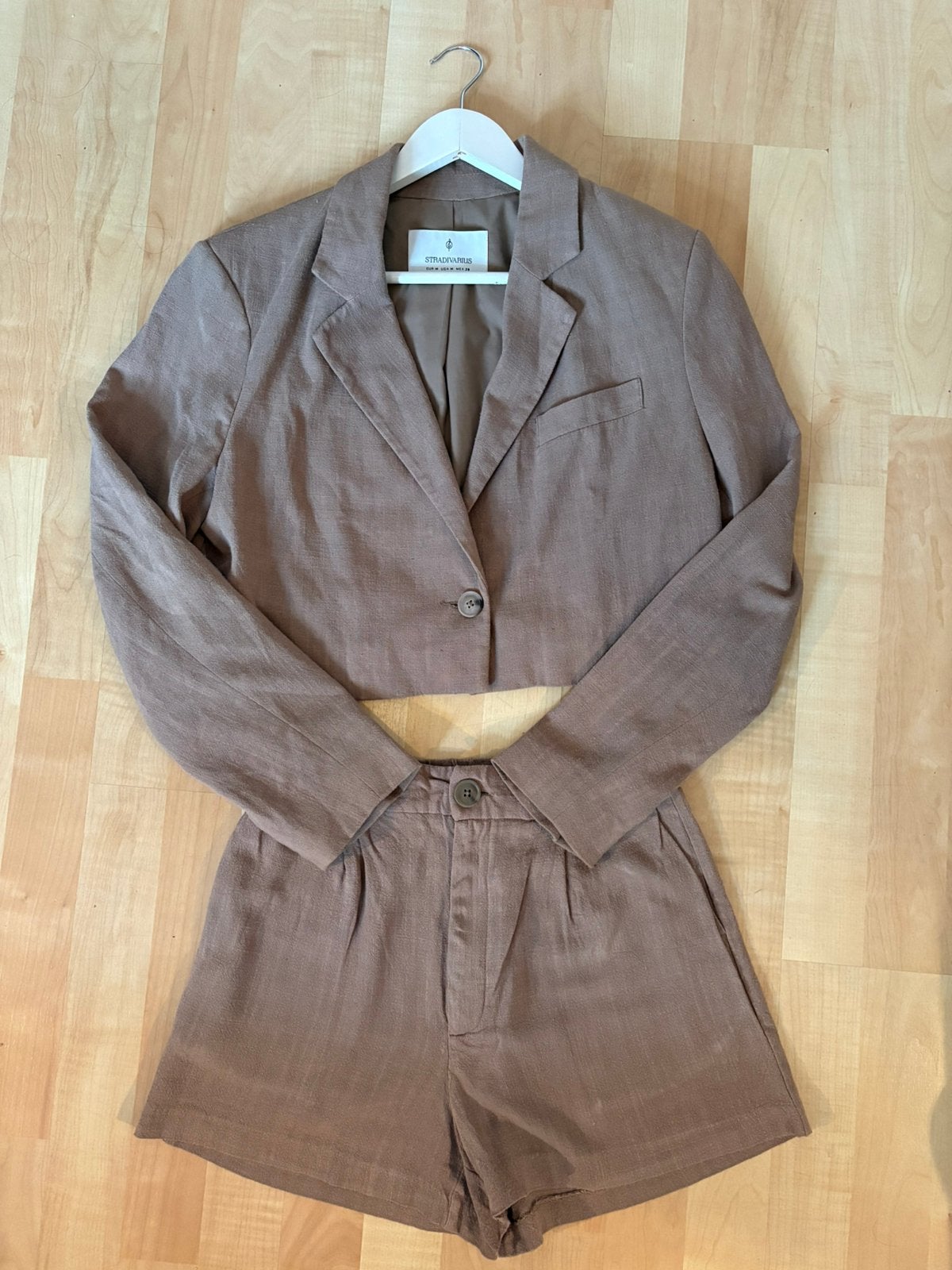 Bruine linnen set Stradivarius - maat S, Kostuum of Pak, Bruin, Ophalen of Verzenden, Zo goed als nieuw