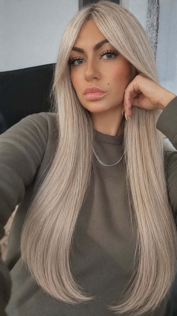 Asblonde/zilveren pruik met curtain bangs 26 inch lang, Verzenden, Nieuw, Pruik of Haarverlenging