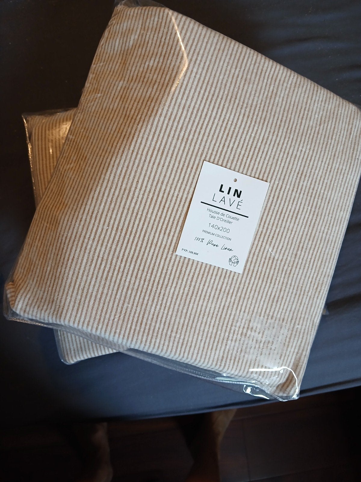 2 x 100 % linnen dekbedovertrek 140 x 200 gestreept creme, Eenpersoons, Beige, Nieuw, Ophalen of Verzenden