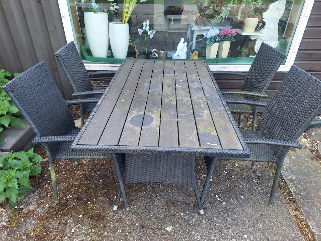 Tuinset eethoek 4 stoelen en tafel antraciet wicker, Ophalen, 4 zitplaatsen, Gebruikt, Wicker