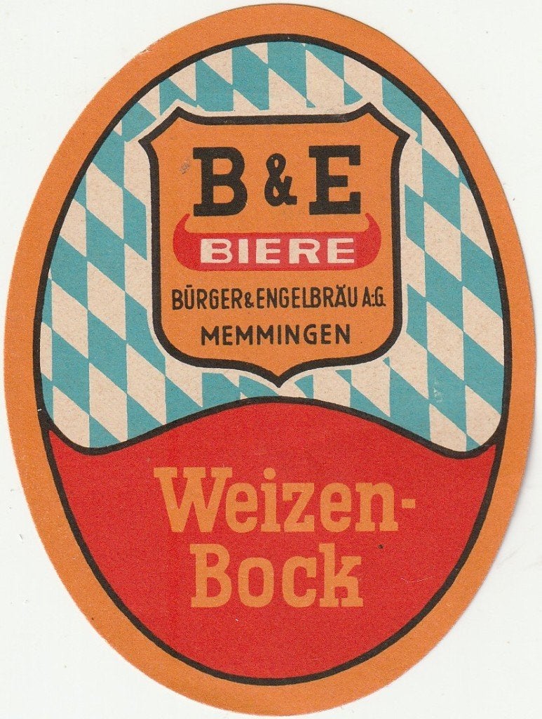 oud bieretiket Duitsland B&E Memmingen Weizen Bock, Verzamelen, Verzenden, Gebruikt, Overige typen, Overige merken