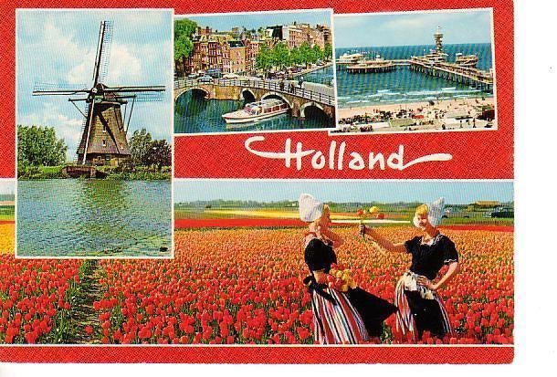 Ansichtkaart	Klederdracht	Bloemen	Molen	4-luik, Verzenden, 1960 tot 1980, Ongelopen, Klederdracht