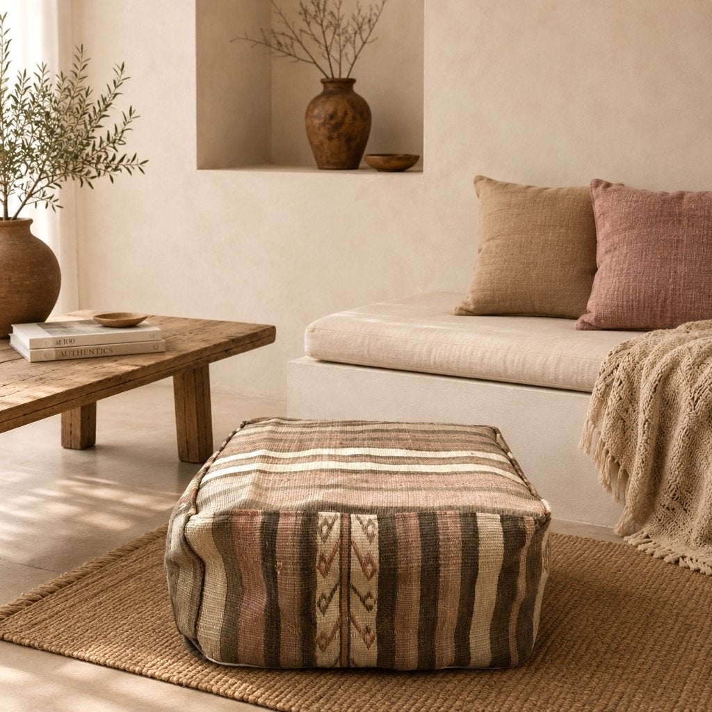 Vintage kelim poef 60x60 vierkant vervaagde tinten uniek, BOHO Eclectisch Scandi, Yazgibi, Verzenden, Nieuw