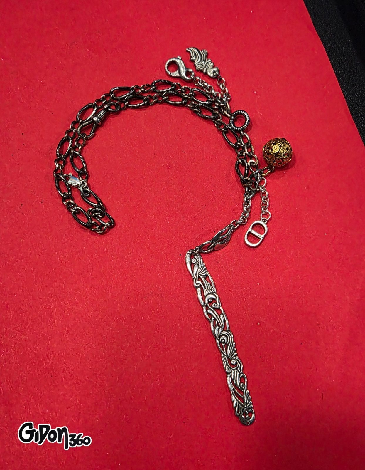 Antique Victorian silver Niello chain,Dior charm, Verzenden