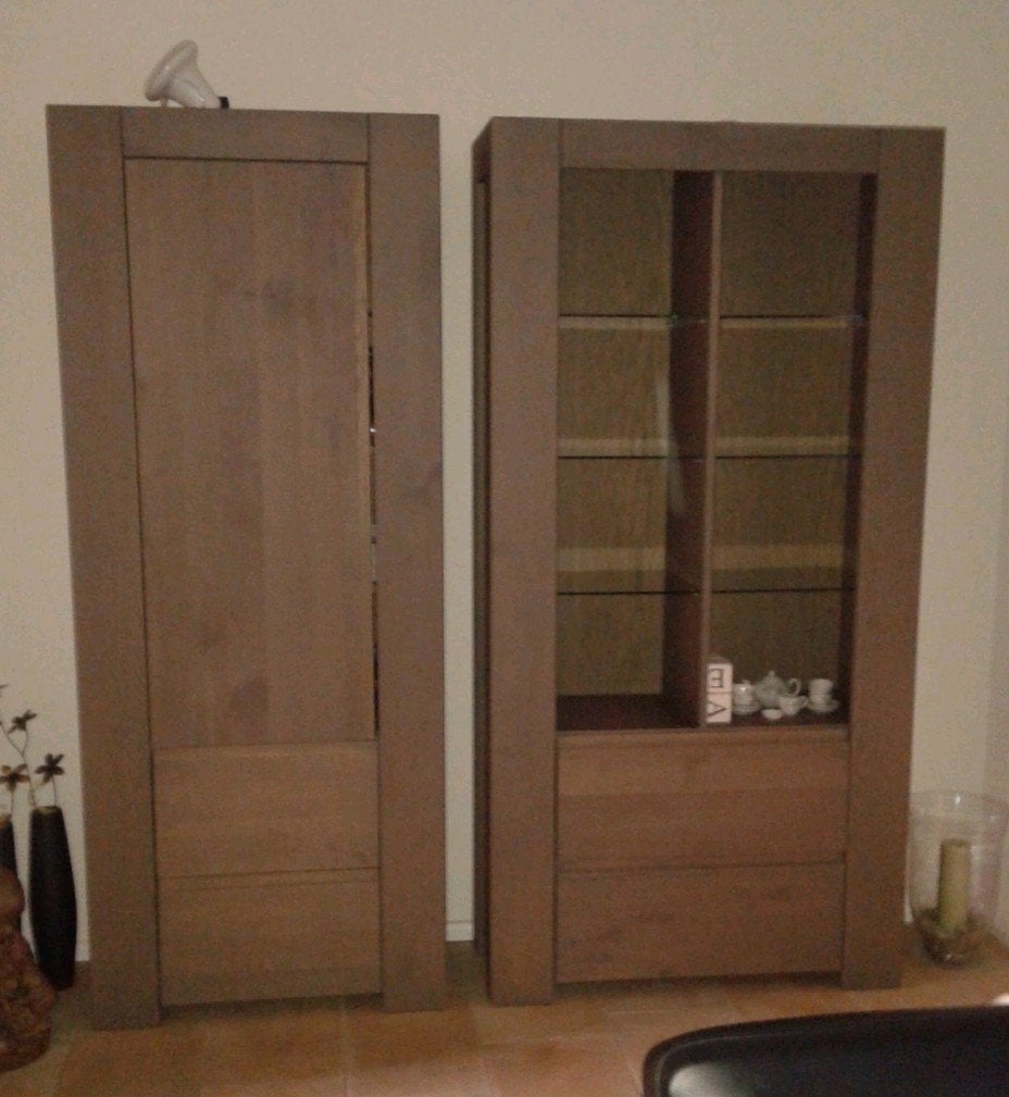Vitrinekast en Servieskast - Eikenhout Bruin Vergrijs, Ophalen, Glas, Met deur(en), 200 cm of meer