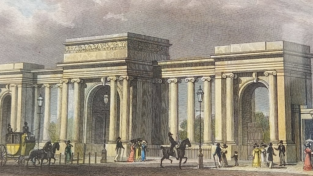 Mooie antieke Engelse ingelijste gravure van Hyde park., Handgekleurd, 1800 - 1899, Stadsgezicht, Ophalen of Verzenden
