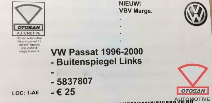 vw passat 1996 2000 buitenspiegel spiegel links elekt. nieuw, Volkswagen, Volkswagen AG, Nieuw, Berliner Ring 2
38440  Wolfsburg, DE