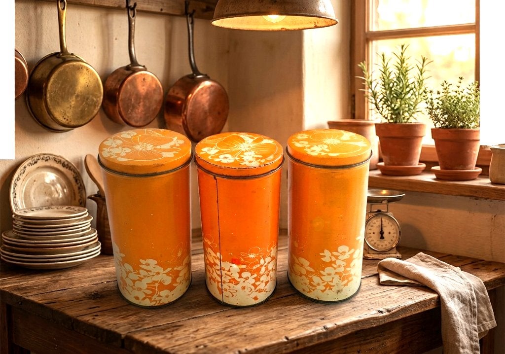 3 cilindrische oranje beschuitblikken-hooijmeijer wit bloem, Ophalen of Verzenden, Gebruikt, Beschuit, Overige merken