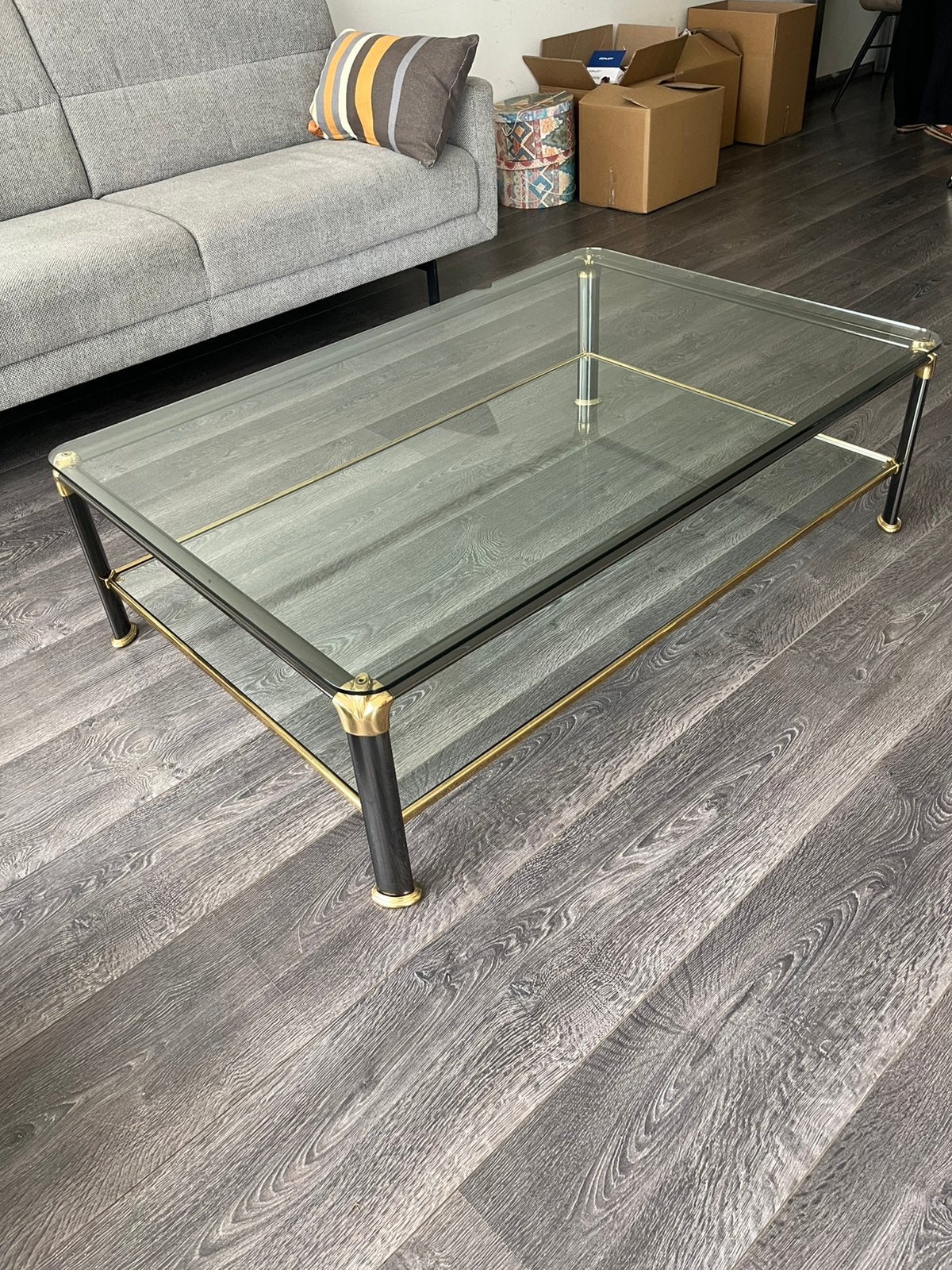 Mooie glazen tafel met messing en twee glasplaten, Ophalen, 100 tot 150 cm, 50 tot 100 cm, Glas