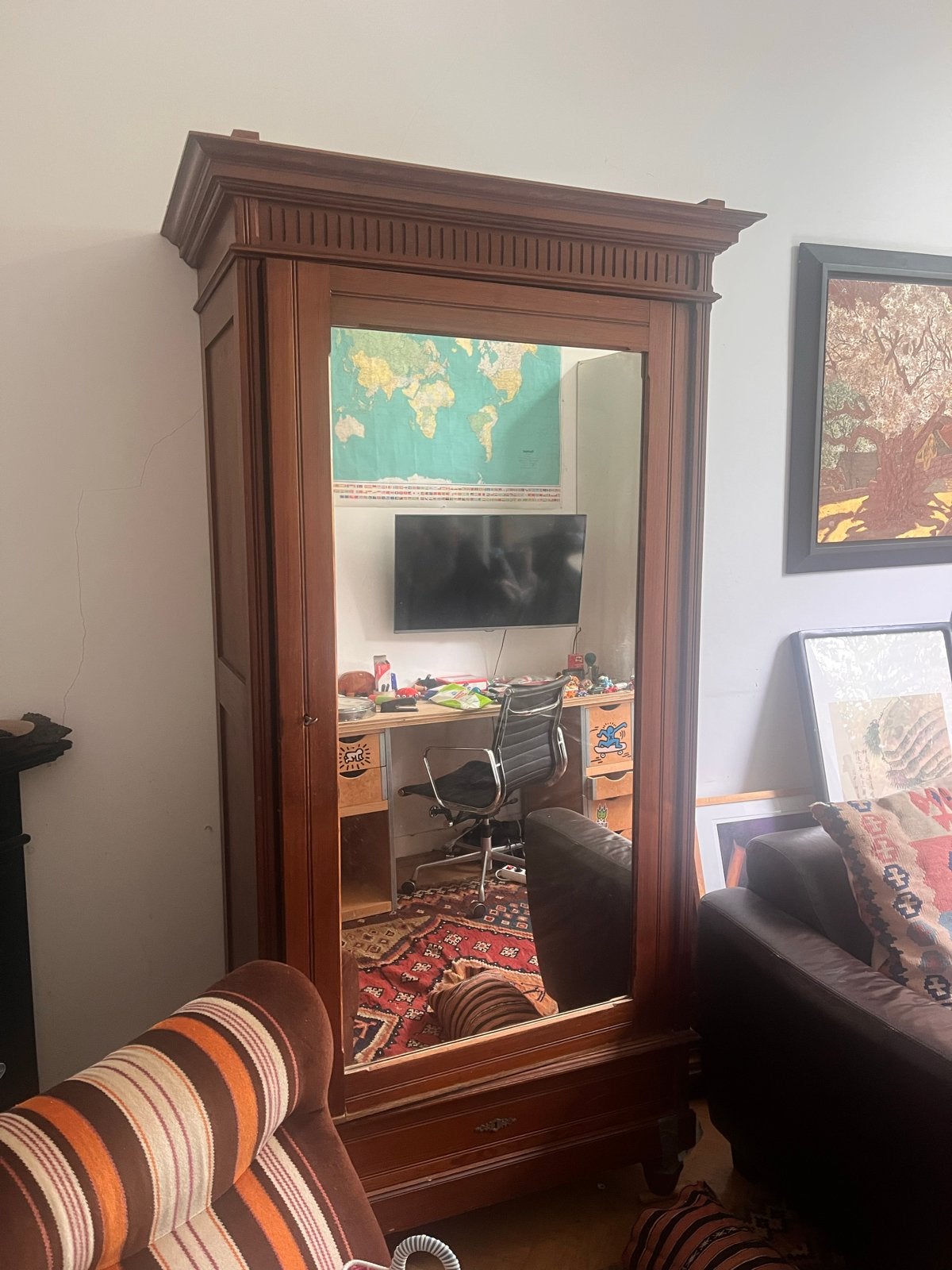 Antieke houten kledingkast met spiegeldeur, Huis en Inrichting, Ophalen, Gebruikt, 200 cm of meer, 50 tot 100 cm