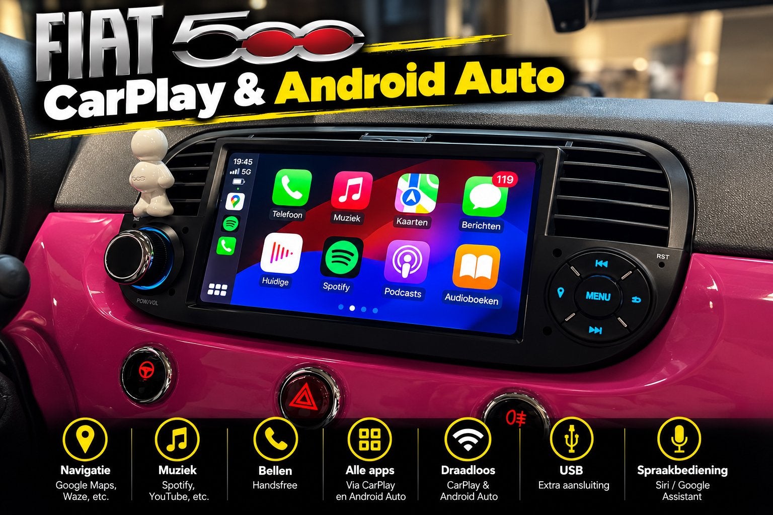 Fiat 500 Draadloos CarPlay & Android Auto Upgrade, Auto diversen, Ophalen of Verzenden, Nieuw