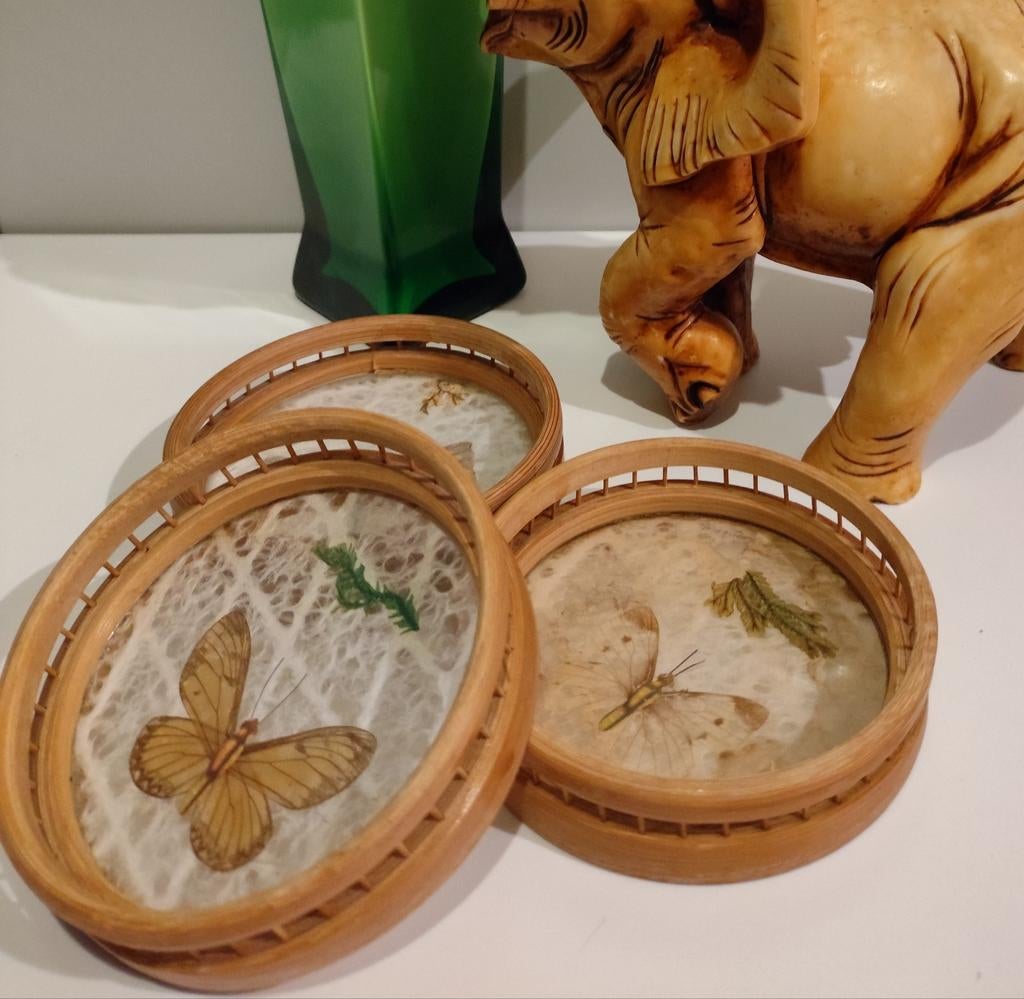 Franse onderzetters van bamboe en glas-vlinders, Ophalen of Verzenden