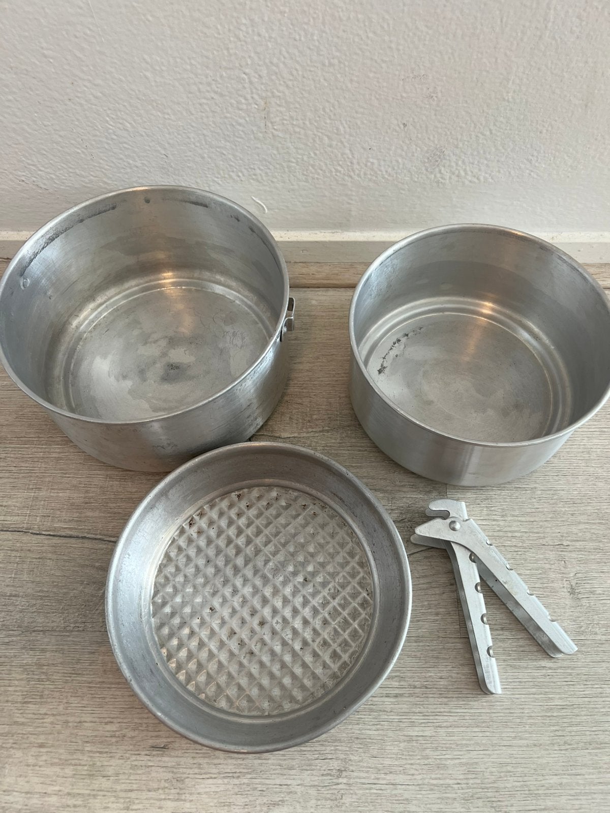 Vintage aluminium kampeerkookset., Ophalen of Verzenden, Gebruikt, Aluminium, Pannenset