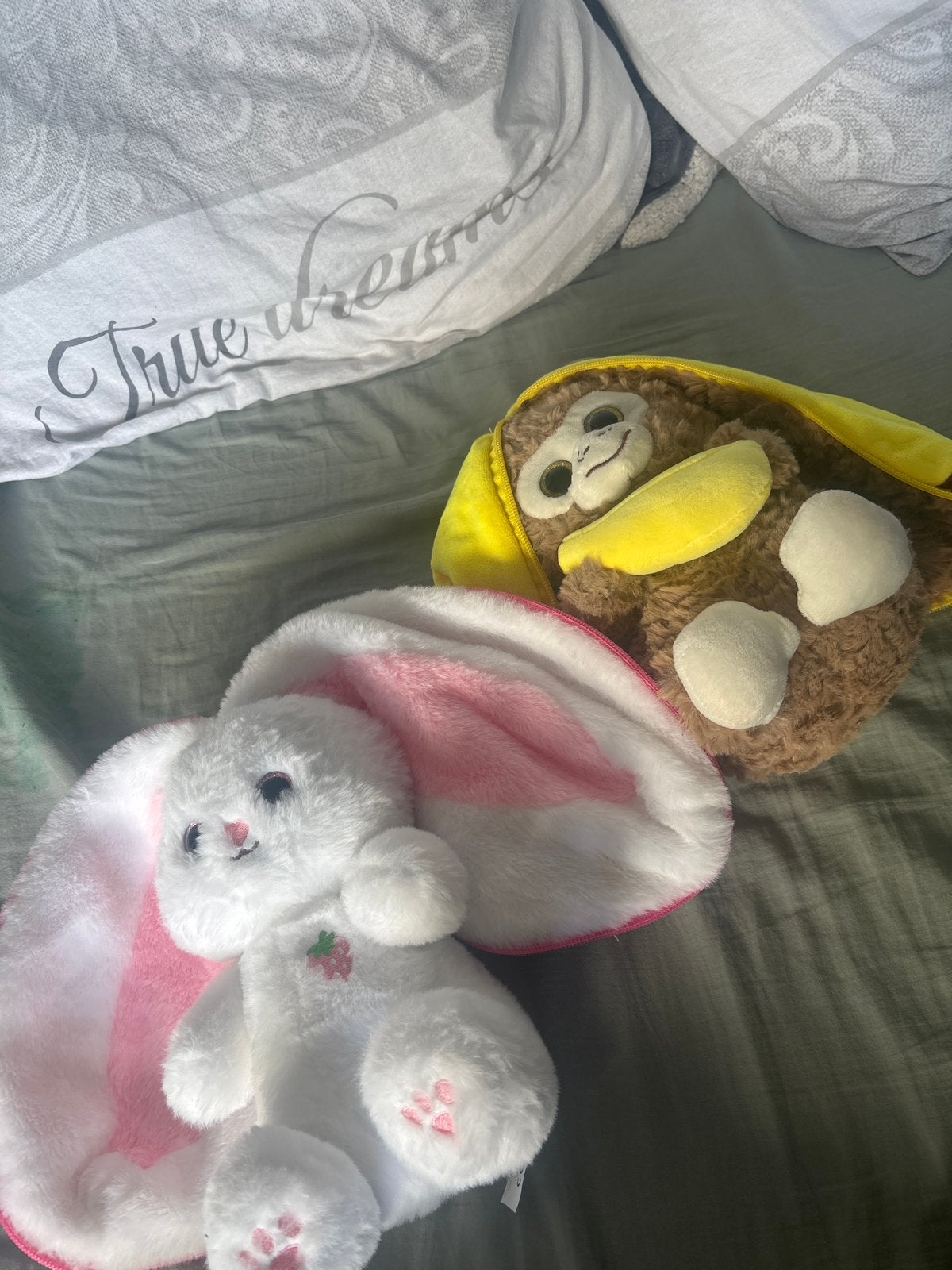 Leuke knuffels met rits: aap/banaan en konijn/aardbei, Ophalen of Verzenden, Zo goed als nieuw, Middelgroot (20 tot 80 cm), Bruin