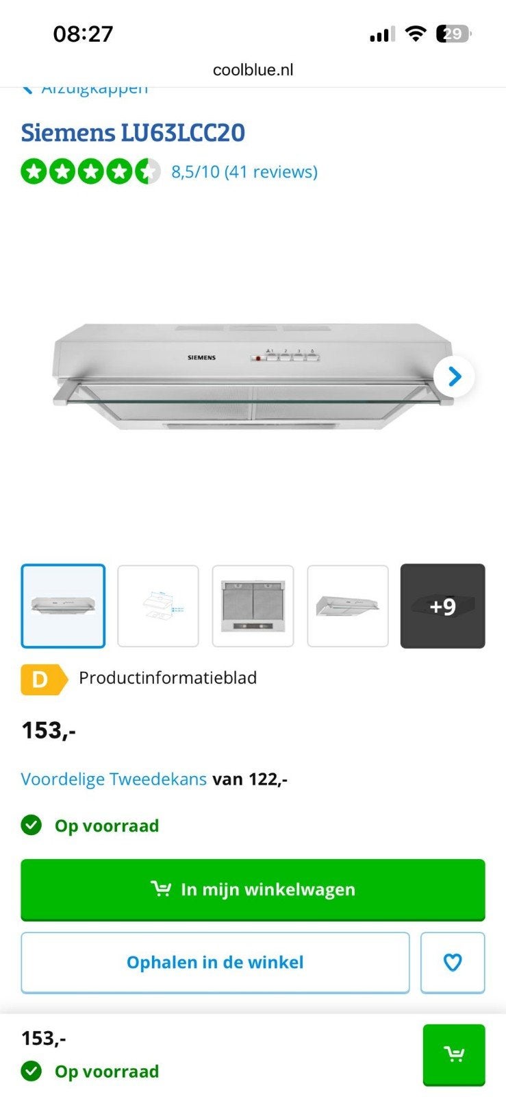Afzuigkap nieuw in doos, Siemens, Ophalen, Nieuw, 200 tot 400 m³ per uur, Onderbouw afzuigkap