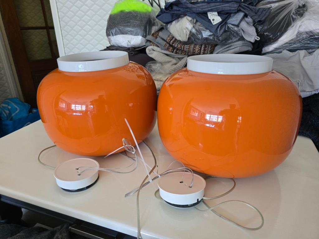 Foscarini Chouchin Set van 2 oranje vintage hanglampen, Ophalen, Overige materialen, Vintage, Jaren '70, Modern