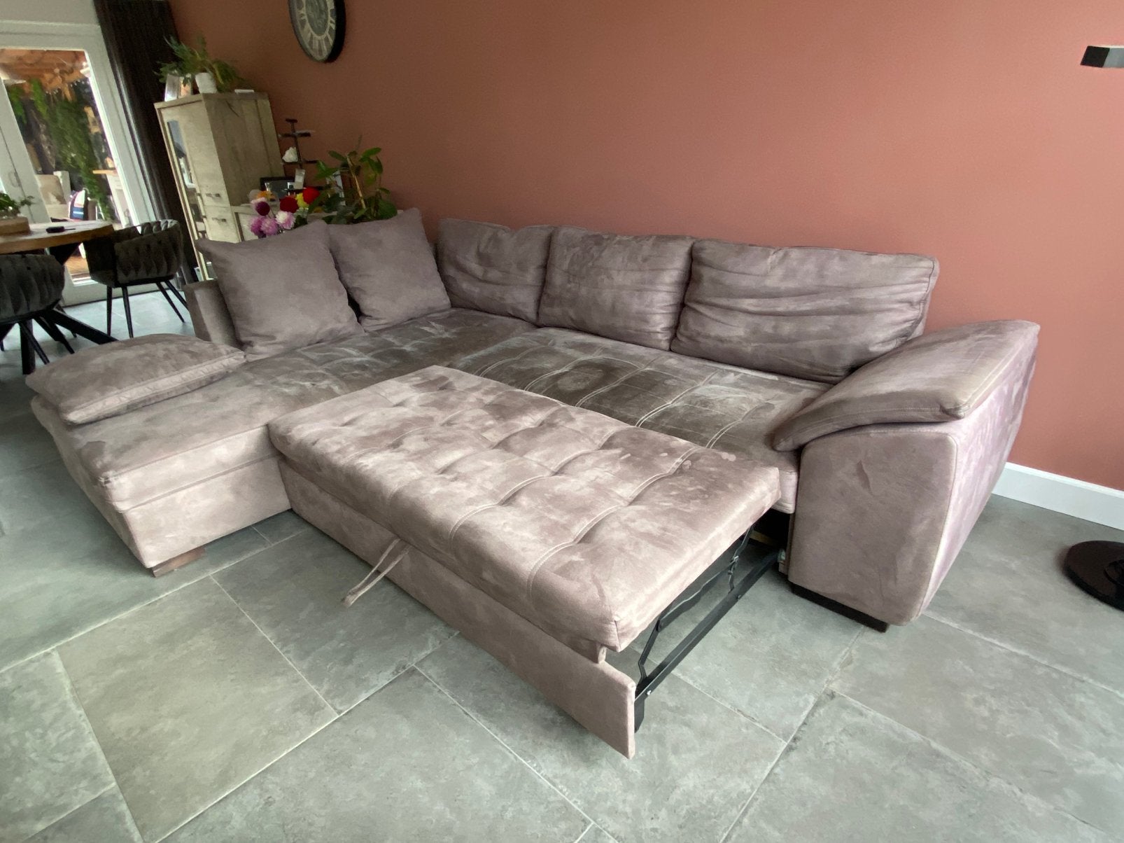 Taupe hoekbank met slaapfunctie, Ophalen, Gebruikt, Stof