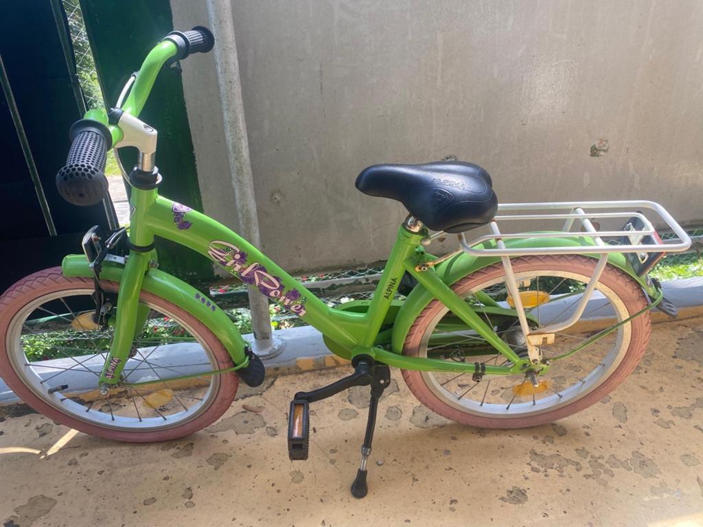 Groene Alpina kinderfiets met roze banden, Ophalen of Verzenden, Gebruikt, Velgrem, 16 tot 20 inch