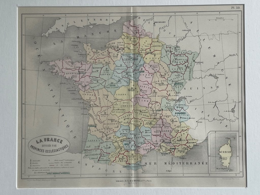 1865 Landkaart Frankrijk / O U D in moooie lijst / P0625-004, Antiek en Kunst, Kunst | Etsen en Gravures, Ophalen of Verzenden