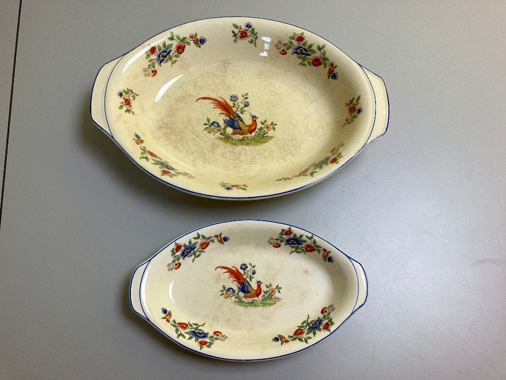 Twee authentieke schalen paradijsvogel fazant 32 en 23 cm, Ophalen of Verzenden