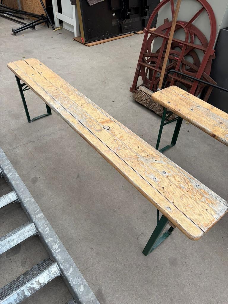 2 traditionele Inklapbare houten bierbanken., Ophalen, Minder dan 50 cm, Gebruikt, 125 cm of meer
