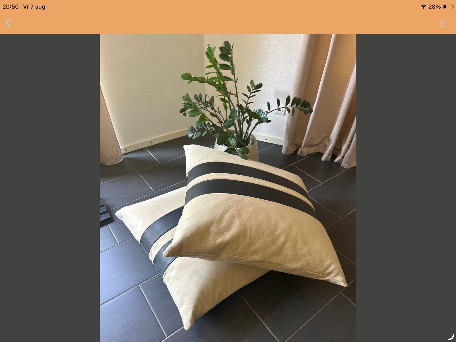 Set van 2 beige leren sierkussens met zwarte strepen, Huis en Inrichting, Woonaccessoires | Kussens, Overige merken, Beige, Met print